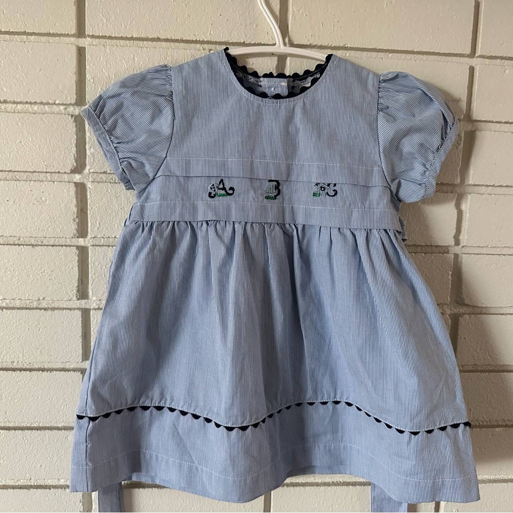 Blue Plaid Checked Pattern Embroidered Strip Dress